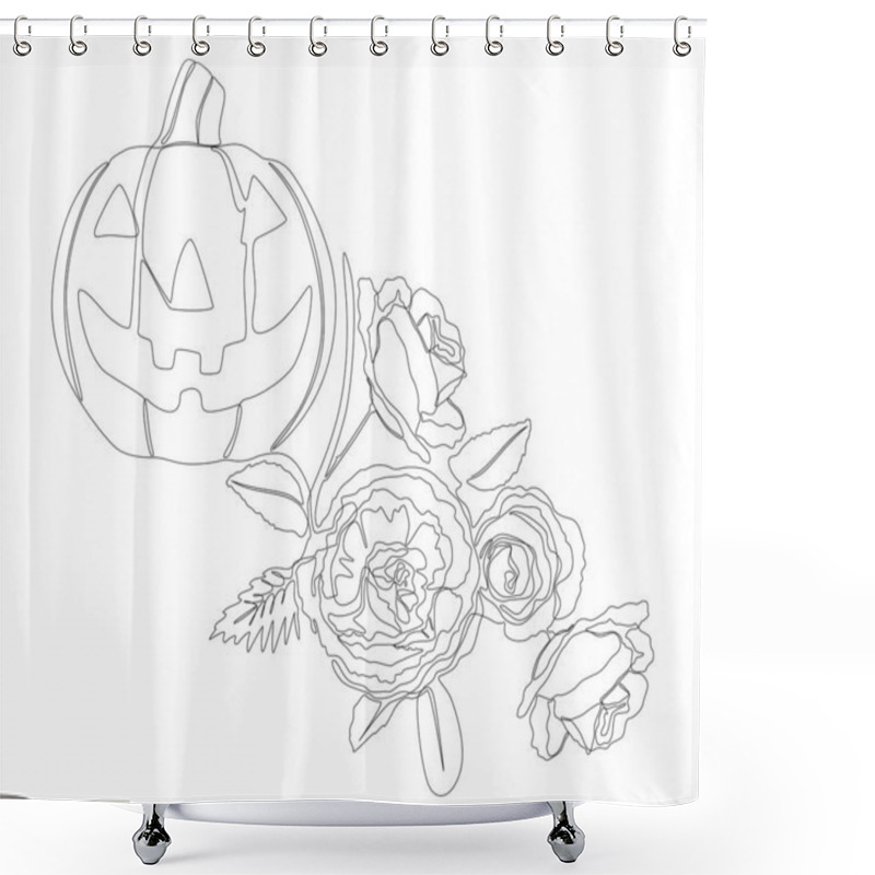 Personality  One Continuous Line Of Jack O' Lantern With Rose Flowers. Thin Line Illustration Vector Concept. Contour Drawing Creative Ideas. Shower Curtains