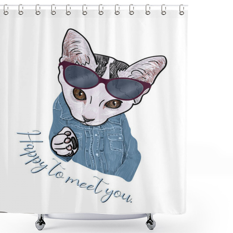 Personality  Cool Cat Wear Jeans And Sunglasses, Friendly Character, With Happy To Meet You Text Isolated On White Background, Vector Illustration Shower Curtains