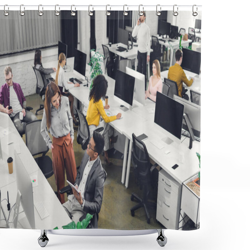 Personality  High Angle View Of Young Multiracial Business Colleagues Working And Talking In Open Space Office  Shower Curtains