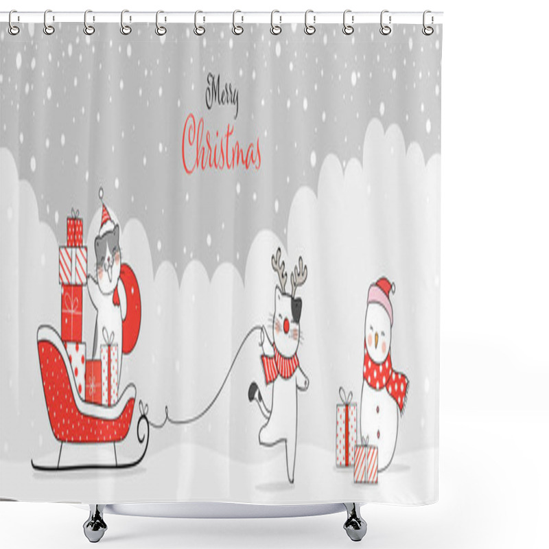 Personality  Merry Christmas Card Template With Cat With Presents In Santa Sleigh, Simply Vector Illustration Shower Curtains