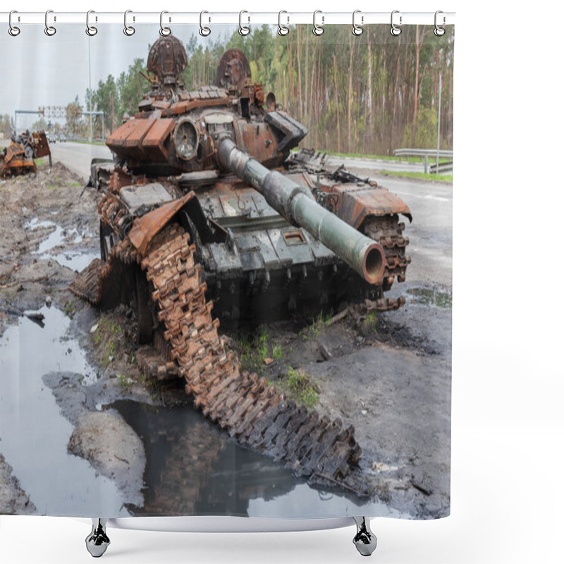 Personality  Russian Battle Tank Which Was Destroyed On The Roadside Of Highway During Hostilities In Russian Invasion Of Ukraine, 2022 Shower Curtains