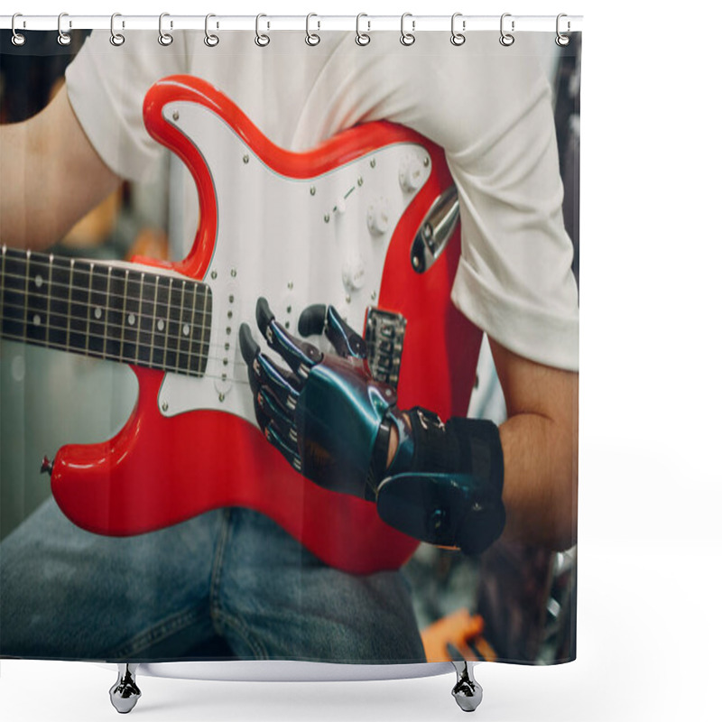 Personality  Young Disabled Man With Artificial Prosthetic Hand Plays On Guitar At Shop. Shower Curtains