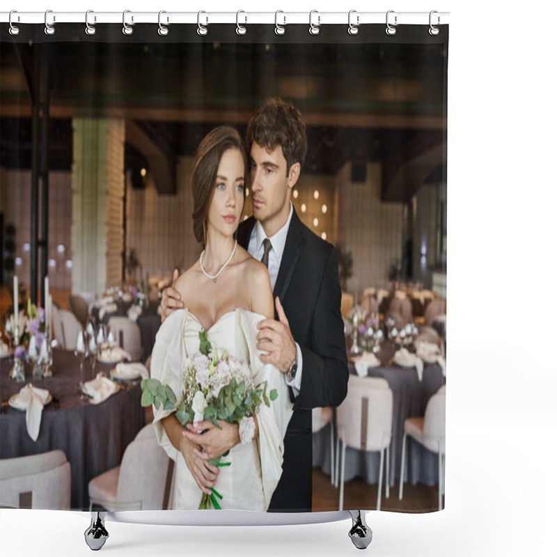 Personality  Elegant Groom Hugging Young And Charming Bride With Wedding Bouquet In Modern Banquet Hall Shower Curtains