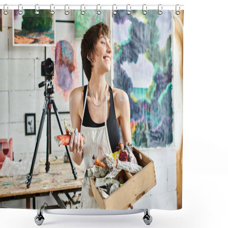 Personality  A Woman Holding A Box Of Paint In Front Of A Camera. Shower Curtains