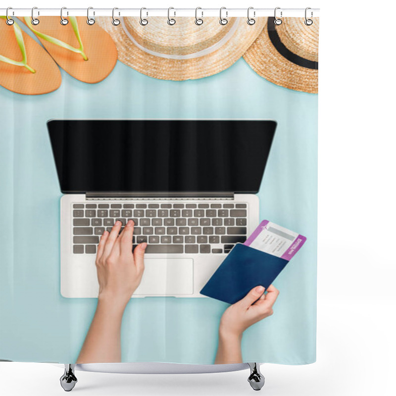 Personality  Cropped View Of Woman Using Laptop With Blank Screen And Holding Passport With Air Ticket Near Straw Hats And Flip Flops On Blue Background Shower Curtains