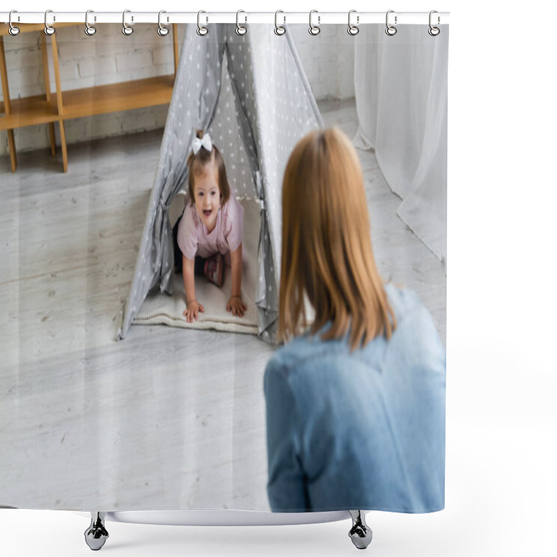 Personality  Blurred Kindergarten Teacher Looking At Happy Kid With Down Syndrome Sitting In Tipi Shower Curtains