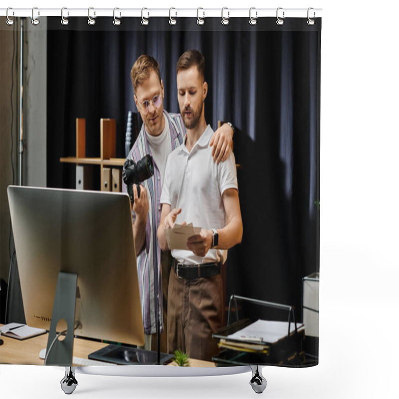 Personality  Two Men, In Casual Attire, Work Together At A Computer In An Office Setting. Shower Curtains