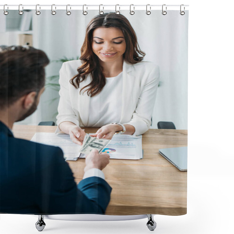 Personality  Selective Focus Of Beautiful Advisor Taking Money From Investor At Office  Shower Curtains