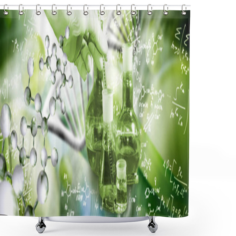 Personality  An Abstract Collage Consisting Of Chemical Glassware In The Foreground With An Experimenter's Hand Holding A Test Tube Against The Background Of DNA Strands And Various Mathematical And Chemical Formulas Shower Curtains