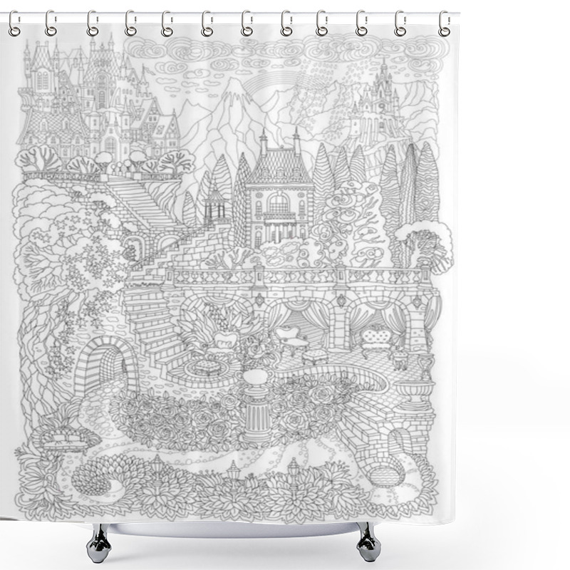 Personality  Fantasy Landscape. Fairy Tale Castle On A Hill In The Mountains, Stone Staircase, Grotto, Pixie Forest, Garden Roses, Lilies. T-shirt Print. Album Cover. Coloring Book Page For Adults. Black And White Shower Curtains