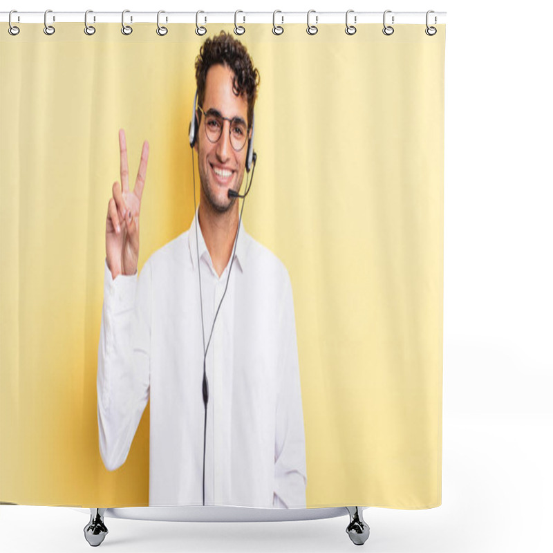 Personality  Hispanic Handsome Man Smiling And Looking Happy, Gesturing Victory Or Peace. Telemarketer Concept Shower Curtains