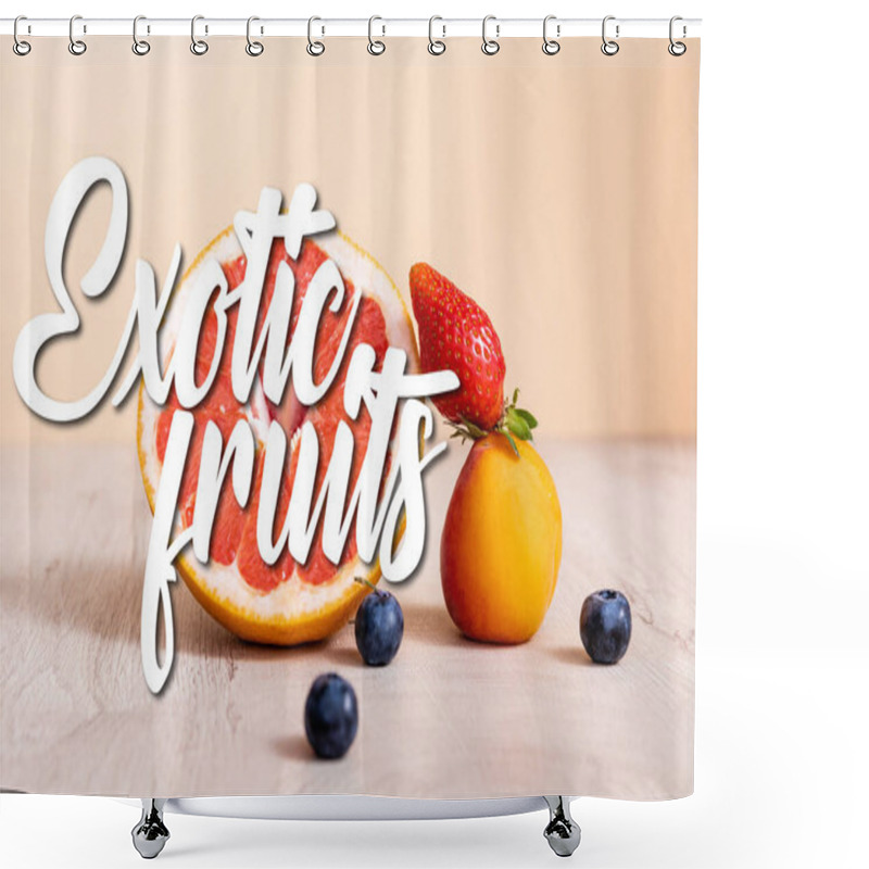 Personality  Fruit Composition With Berries, Grapefruit And Apricot Near Exotic Fruits Lettering On Beige Shower Curtains