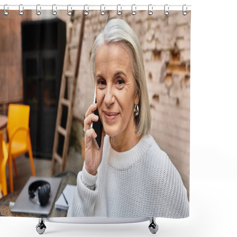 Personality  In A Cozy Outdoor Cafe, A Mature Woman Engages In A Delightful Phone Conversation While Smiling. Shower Curtains