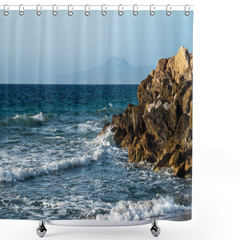 Personality  Mesmerizing Landscape With The Sea In Which Waves Rage And Crash Against Stone Breakwaters, With Mountains Visible In The Distance. . High Quality Photo Shower Curtains