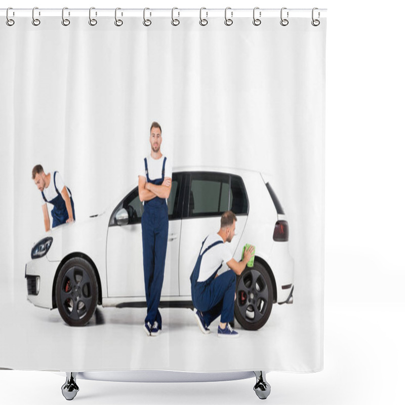 Personality  Handsome Auto Mechanic Cleaning Car And Standing Near Car After Repairing On White Shower Curtains