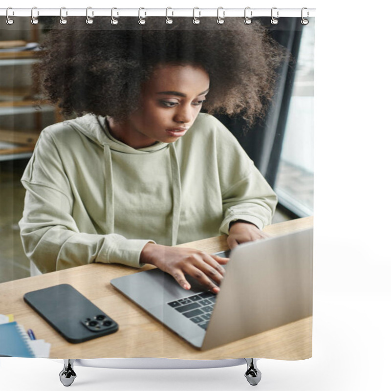 Personality  A Black Woman Sits At A Table, Intensely Focused On Her Laptop In A Modern Coworking Space Shower Curtains