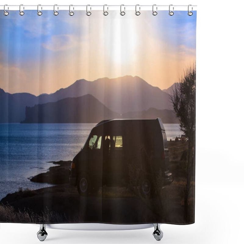 Personality  Minivan By The Seashore At Sunset Against The Backdrop Of Mountains Shower Curtains