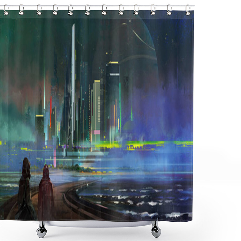 Personality  Painted A Fantastic Night City Of Megapolis In The Style Of Cyberpunk Shower Curtains