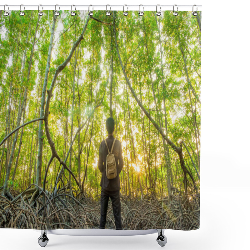 Personality  Young Man Traveler With Backpack With Mangrove Forest On Background Summer Vacations And Lifestyle Hiking Concept Shower Curtains