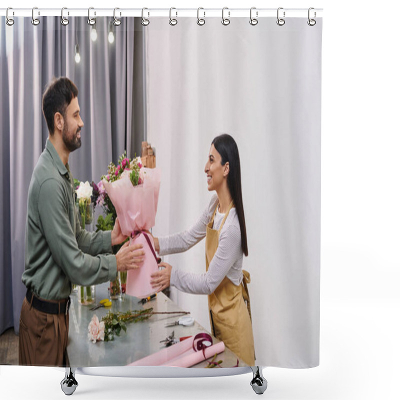 Personality  A Florist Enthusiastically Presents A Stunning Bouquet To Her Male Client In The Shop. Shower Curtains