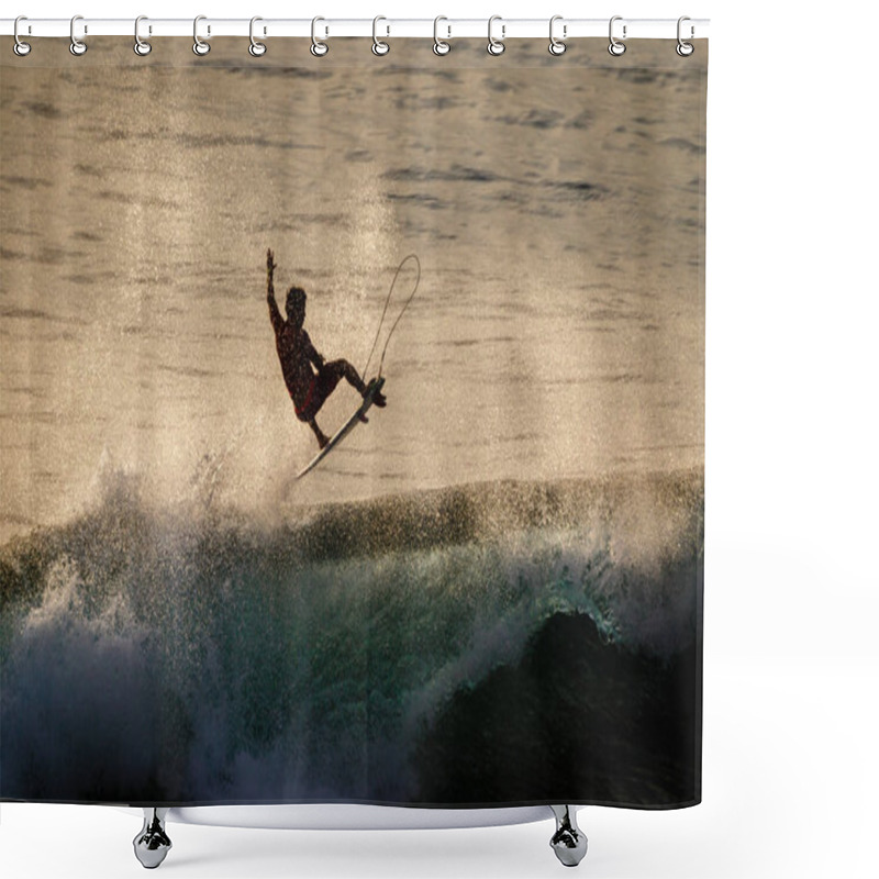 Personality  Surfer Doing Air Reverse At Uluwatu At Sunset. Extreme Sports. Lifestyle. Bali, Indonesia. Shower Curtains