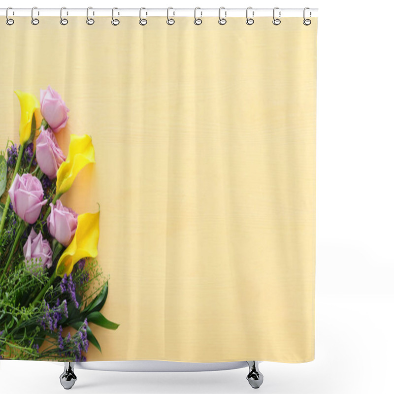 Personality  Summer Bouquet Of Pink Roses And Yellow Calla Lily Flowers Over Wooden Pastel Background. Top View, Flat Lay Shower Curtains