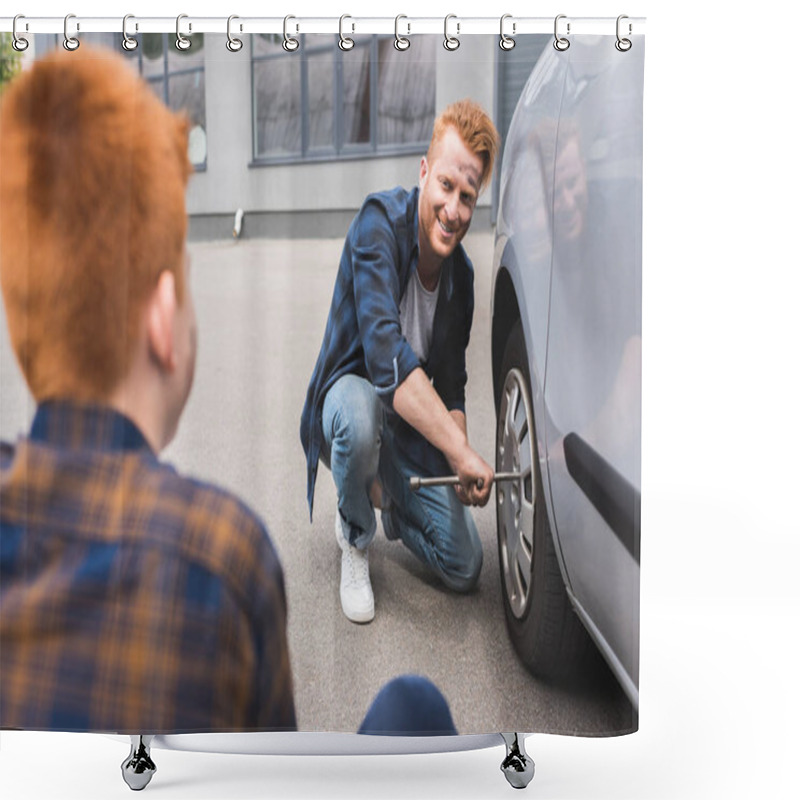 Personality  Father Changing Tire In Car With Wheel Wrench And Looking At Son Shower Curtains