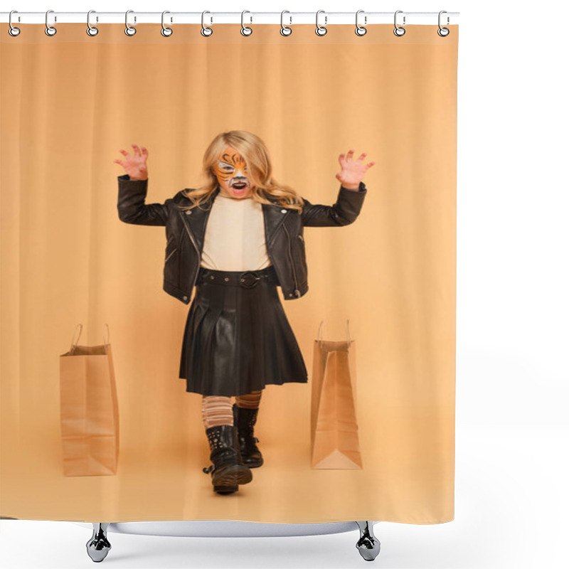 Personality  Stylish Girl With Tiger Face Painting Growling And Showing Scary Gesture On Beige Shower Curtains