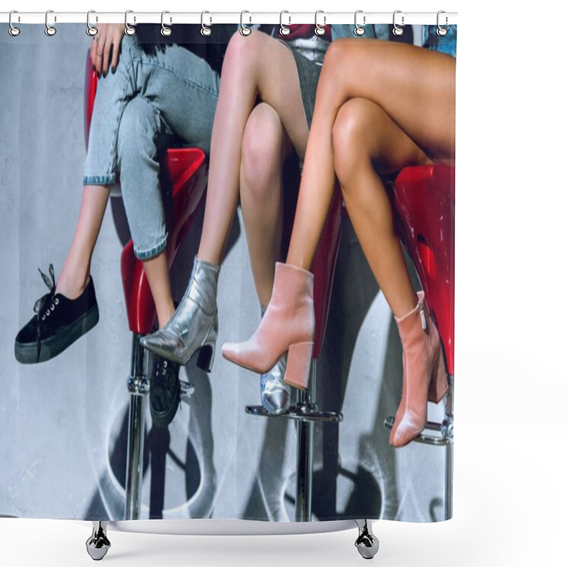 Personality  Low Section Of Fashionable Girls Sitting On Bar Stools Shower Curtains