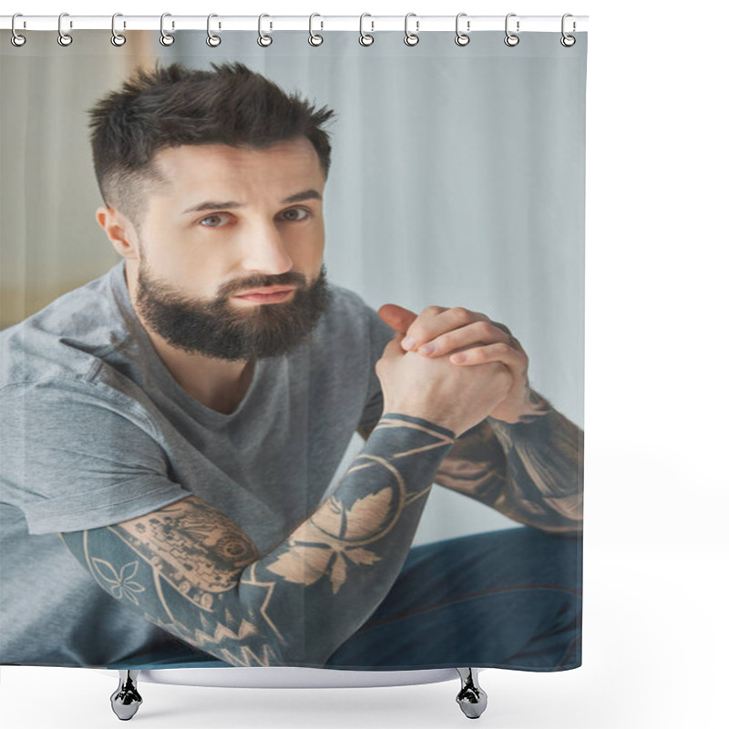 Personality  Portrait Of Bearded Man With Tattoos Looking At Camera Shower Curtains