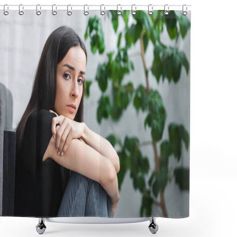 Personality  Frustrated Young Woman Suffering From Depression While Sitting On Floor And Looking At Camera Shower Curtains