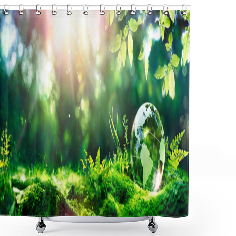 Personality  Earth Day - Environment - Green Globe In Forest With Moss And Defocused Abstract Sunlight Shower Curtains