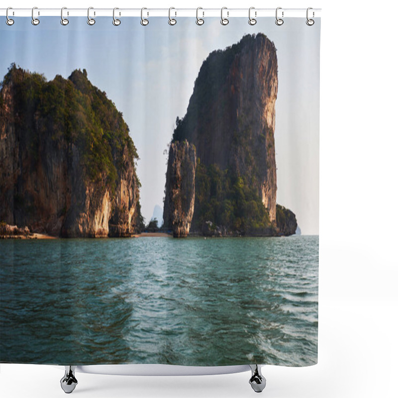 Personality  Sea Bay With Beautiful Limestone Rocks. Beautiful Azure Water Of Lagoon. Scenic Landscape Formed By Karst Towers-isles On Blue Sky Background. Shower Curtains