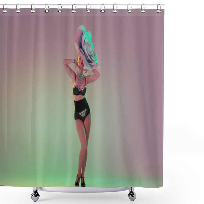 Personality  Young Female Dancer With Huge Floral Hats In Neon Light On Gradient Background Shower Curtains