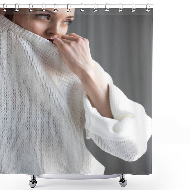 Personality  Sensual Young Woman Taking Off White Sweater And Looking Away On Grey  Shower Curtains