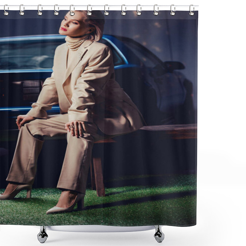 Personality  Attractive And Stylish Woman In Suit Sitting On Wooden Bench Bear Retro Car  Shower Curtains