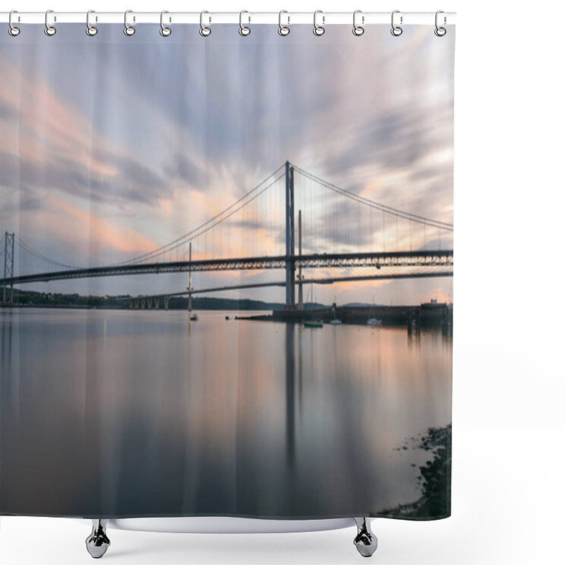 Personality  Suspesion Bridges Over The Firth Of Forth At Dusk. North Queensferry, Scotland, UK. Shower Curtains