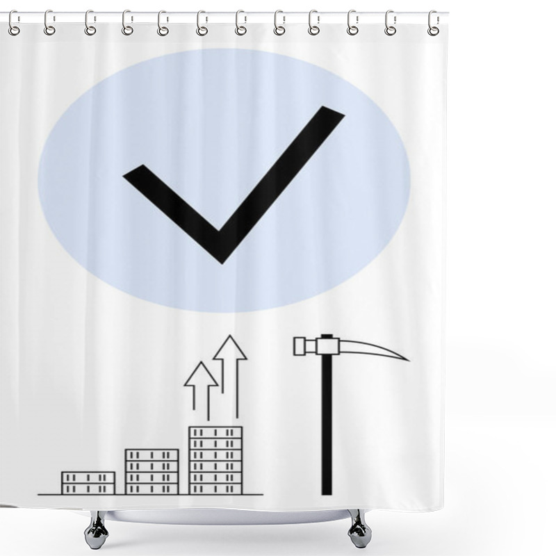 Personality  Checkmark In Blue Circle Above Rising Bar Chart With Upward Arrows And Mining Pickaxe. Ideal For Business Strategy, Growth, Entrepreneurship, Success, Resource Extraction, Innovation, And Abstract Shower Curtains