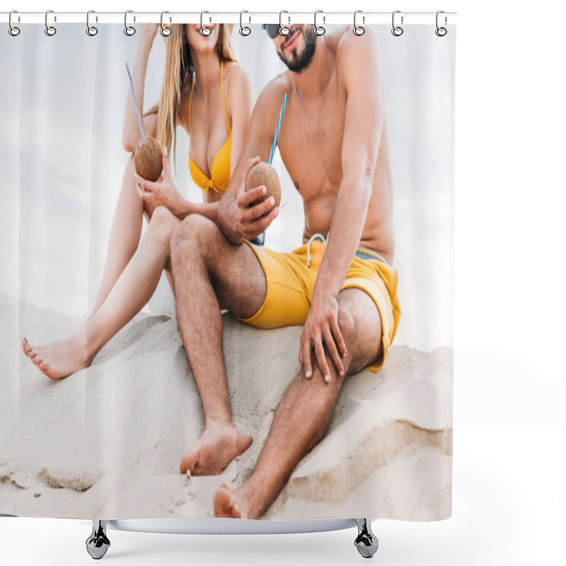 Personality  Cropped Shot Of Young Couple With Coconut Cocktails Sitting On Sand In Front Of Cloudy Sky Shower Curtains