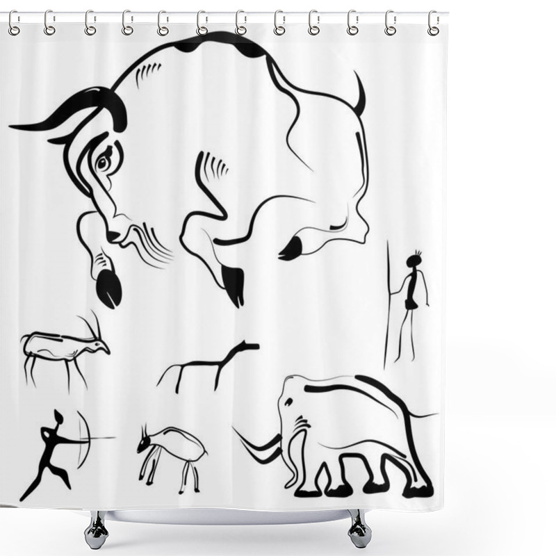 Personality  Stylized Drawings Of Prehistoric Animals And Humans Shower Curtains