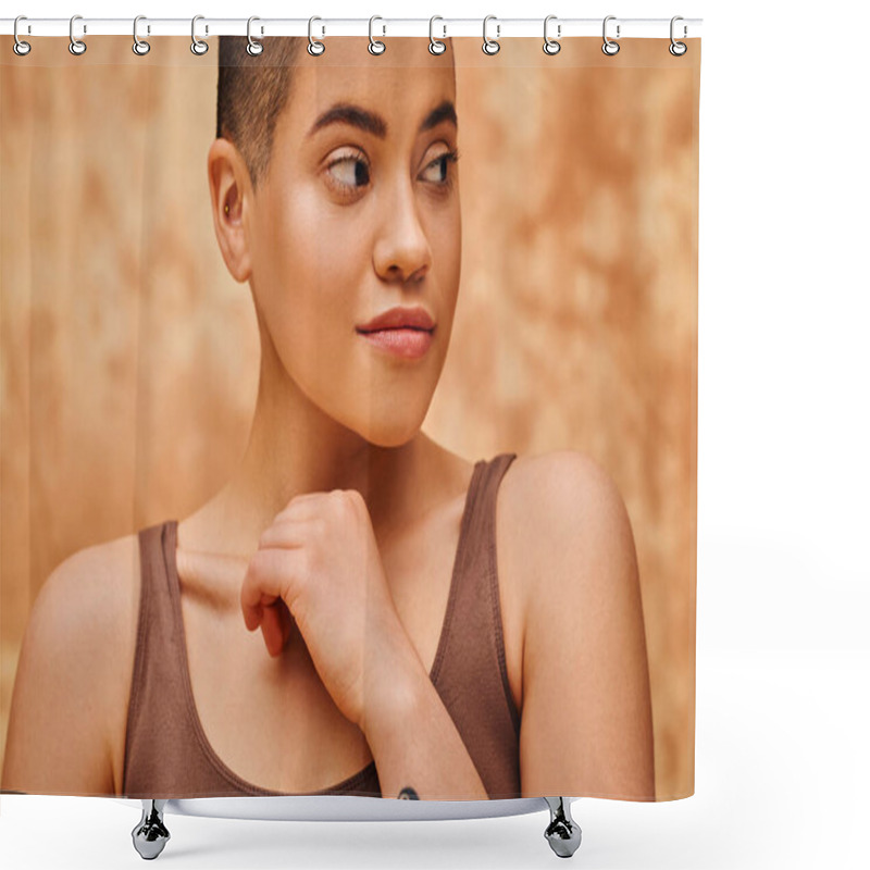 Personality  Natural Look, Tattooed Young Woman With Short Hair Posing On Mottled Beige Background, Individuality, Modern Generation Z, Beauty And Confidence, Body Positivity Movement, Tattooed  Shower Curtains