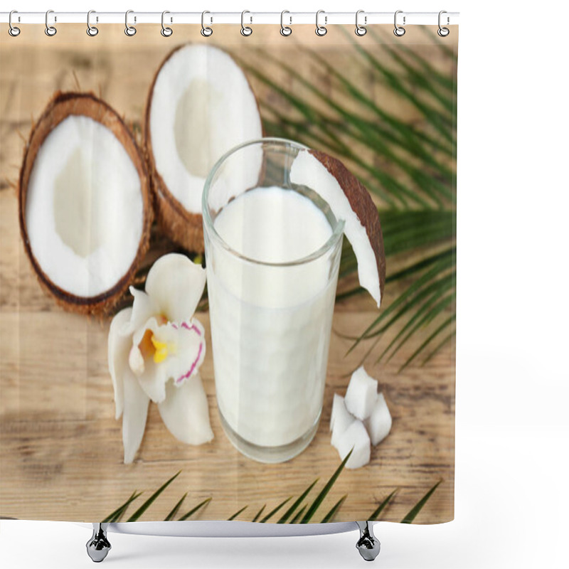 Personality  Glass Of Coconut Milk On Wooden Background Shower Curtains