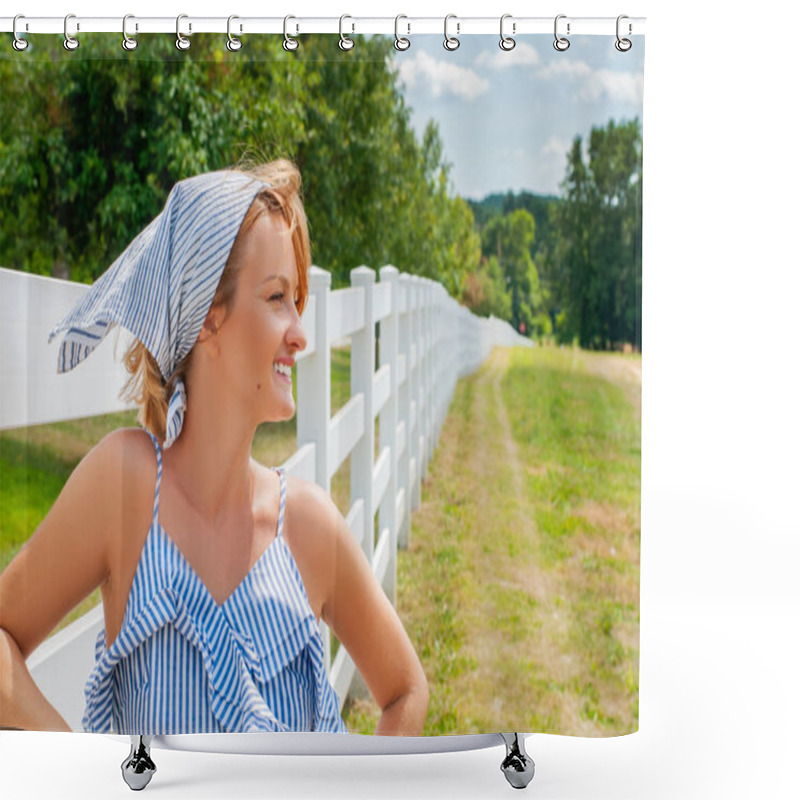 Personality  Farm. Pretty Woman Standing Near Fence On Countryside And Enjoying Nature. Shower Curtains