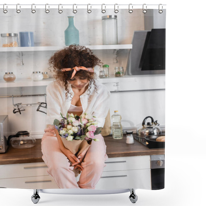 Personality  Curly Woman Sitting On Kitchen Table And Looking At Flowers Shower Curtains