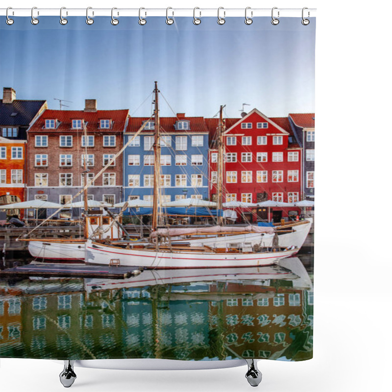 Personality  COPENHAGEN, DENMARK - MAY 6, 2018: Boats And Beautiful Historical Buildings Reflected In Calm Water, Copenhagen, Denmark Shower Curtains