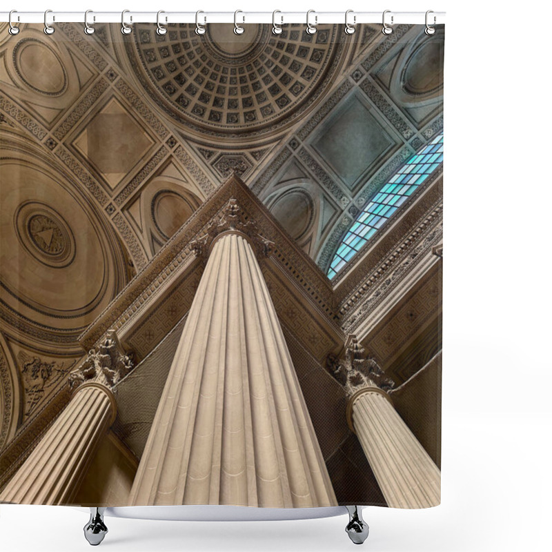 Personality  Interior View Of A Grand Architectural Space In The Pantheon, Paris, Featuring A Fluted Column With A Decorative Corinthian Capital, An Ornate Ceiling With Geometric Patterns, And A Large Central Dome With A Coffered Design Shower Curtains