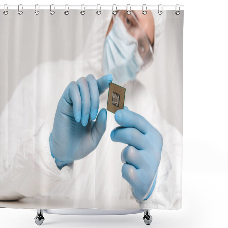 Personality  Selective Focus Of Microprocessor In Hands Of Scientist In Googles On Grey Background Shower Curtains