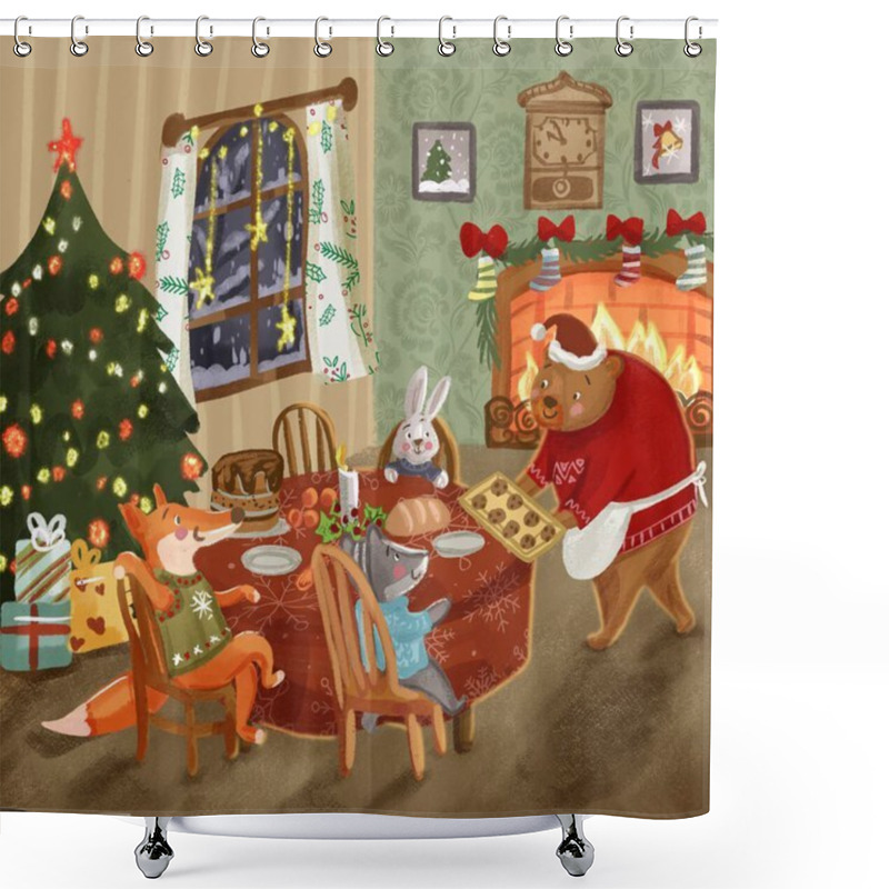 Personality  Christmas Holiday Scene With Cute Animals ,christmas Tree  Shower Curtains