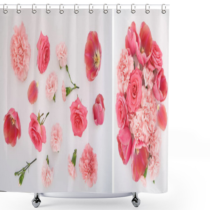 Personality  Collage Of Pink Spring Flowers Scattered On White Background Shower Curtains