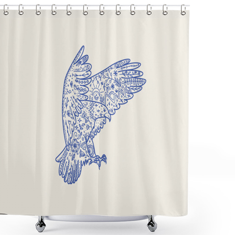 Personality  Scandinavian Folk Animal In Line Style. Eagle With Ornate Decoration, Symbols, Floral Pattern.  Shower Curtains